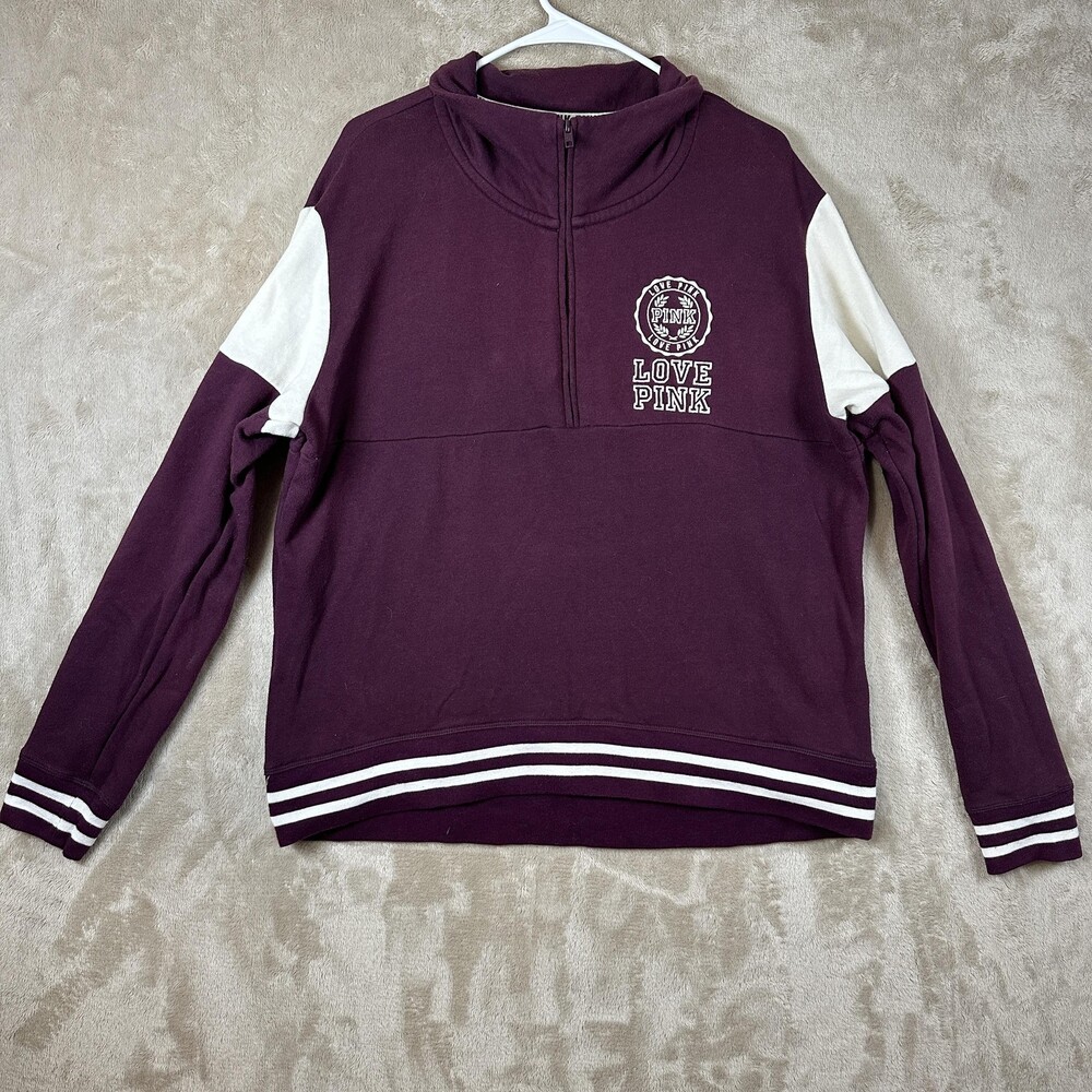 Victoria's Secret PINK Sweatshirt Womens Large Maroon Quarter Zip Love Pink